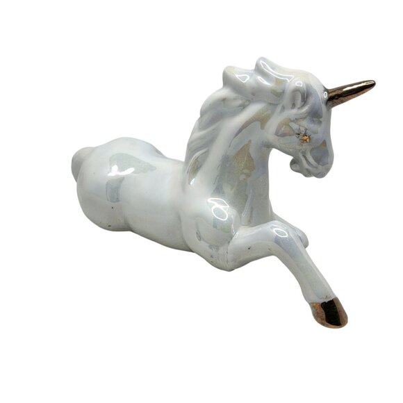 Vintage 1980s Porcelain Iridescent White, Gold Unicorn Figurine - Picture 4 of 7